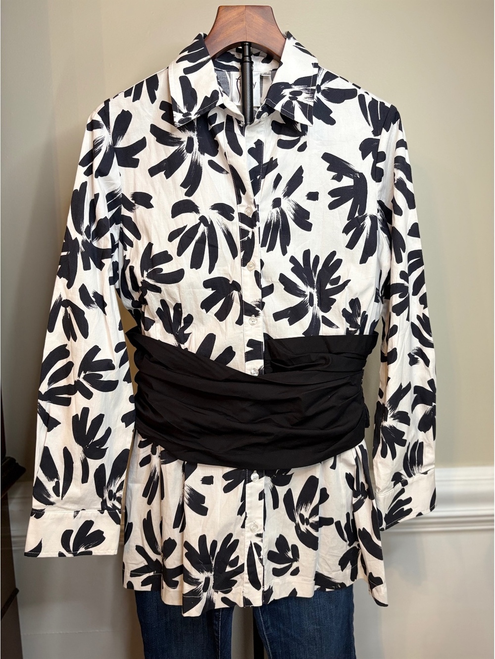 Finley Black and White Cotton Sash Blouse M